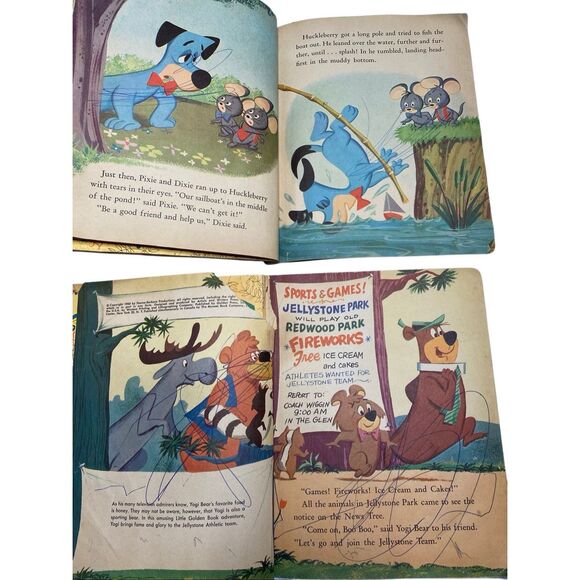 Lot 2 Vintage Little Golden Books Yogi Bear Huckleberry Hound 1960 Hanna Barbera - Picture 2 of 9